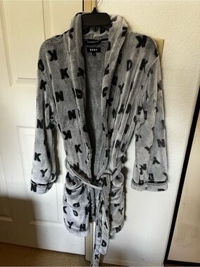 DKNY Gray and Black Plush Logo Robe